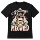 Vintage graphic reading “getting MEOWIED” with a striped cat wearing cat-eye sunglasses and a bridal veil while holding a takeaway coffee cup.