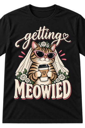Vintage graphic reading “getting MEOWIED” with a striped cat wearing cat-eye sunglasses and a bridal veil while holding a takeaway coffee cup.
