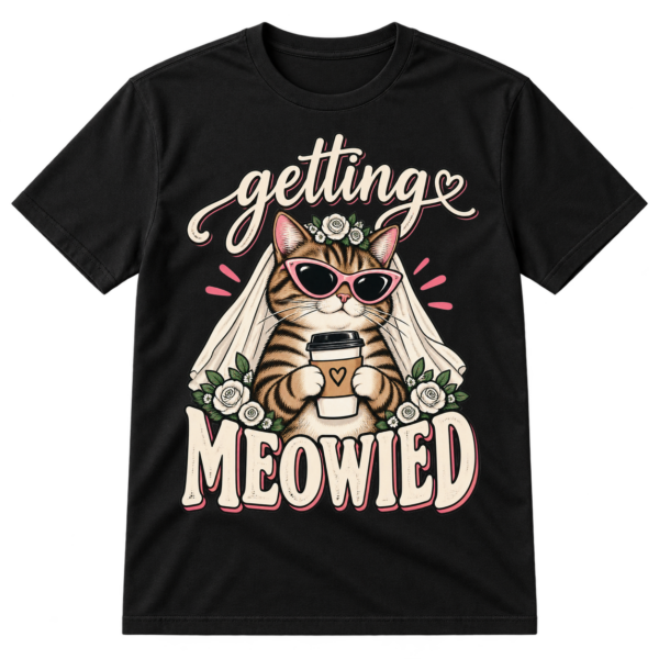 Vintage graphic reading “getting MEOWIED” with a striped cat wearing cat-eye sunglasses and a bridal veil while holding a takeaway coffee cup.