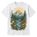Vintage distressed illustration of mountains, sunrise, pine trees, a winding river, wildflowers, and leafy botanical details.