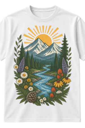 Vintage distressed illustration of mountains, sunrise, pine trees, a winding river, wildflowers, and leafy botanical details.