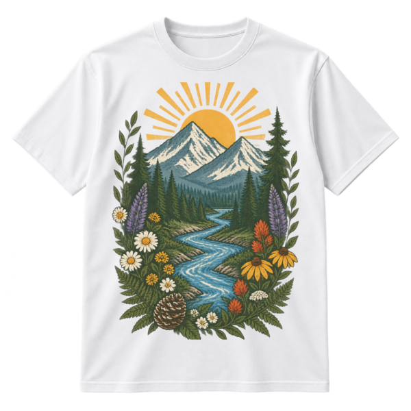 Vintage distressed illustration of mountains, sunrise, pine trees, a winding river, wildflowers, and leafy botanical details.