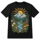 Vintage distressed illustration of mountains, sunrise, pine trees, a winding river, wildflowers, and leafy botanical details.