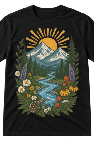 Vintage distressed illustration of mountains, sunrise, pine trees, a winding river, wildflowers, and leafy botanical details.
