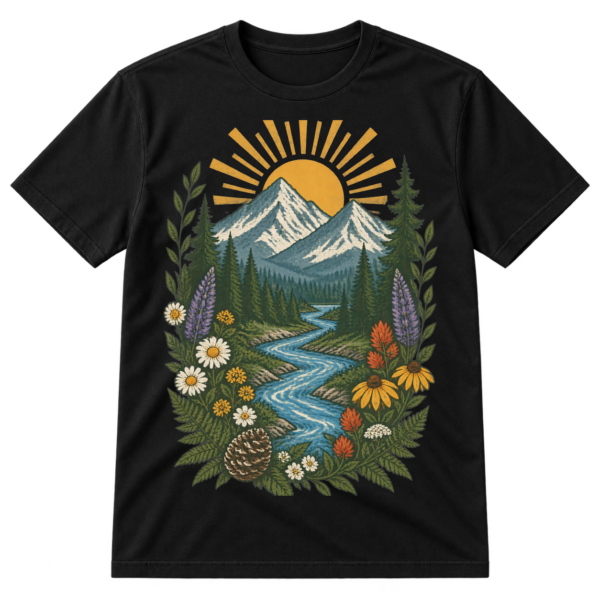 Vintage distressed illustration of mountains, sunrise, pine trees, a winding river, wildflowers, and leafy botanical details.