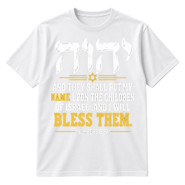 Hebrew Yahweh lettering above a bold Numbers 6:27 Bible verse about blessing the children of Israel.