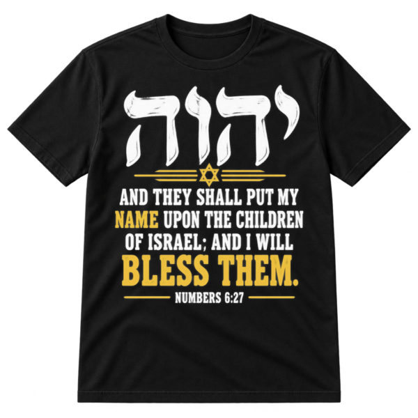 Hebrew Yahweh lettering above a bold Numbers 6:27 Bible verse about blessing the children of Israel.