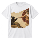 Black cat Renaissance art t-shirt print with a cracked-fresco scene of a cat opposite a bearded celestial figure.