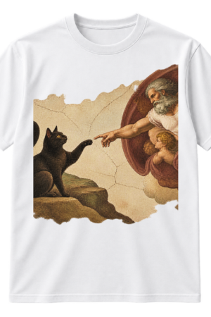 Black cat Renaissance art t-shirt print with a cracked-fresco scene of a cat opposite a bearded celestial figure.