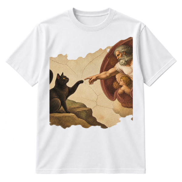 Black cat Renaissance art t-shirt print with a cracked-fresco scene of a cat opposite a bearded celestial figure.