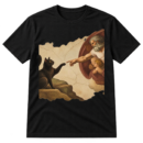 Black cat Renaissance art t-shirt print with a cracked-fresco scene of a cat opposite a bearded celestial figure.