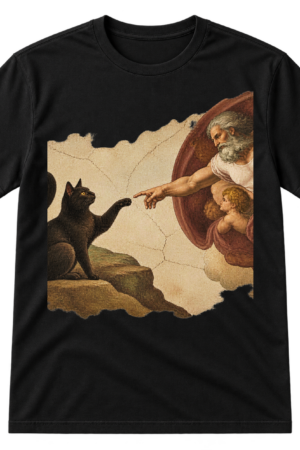 Black cat Renaissance art t-shirt print with a cracked-fresco scene of a cat opposite a bearded celestial figure.