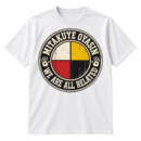 Vintage circular medicine wheel design with the text MITAKUYE OYASIN and WE ARE ALL RELATED.