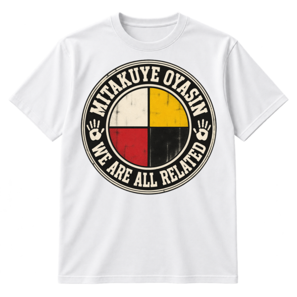 Vintage circular medicine wheel design with the text MITAKUYE OYASIN and WE ARE ALL RELATED.