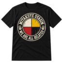 Vintage circular medicine wheel design with the text MITAKUYE OYASIN and WE ARE ALL RELATED.