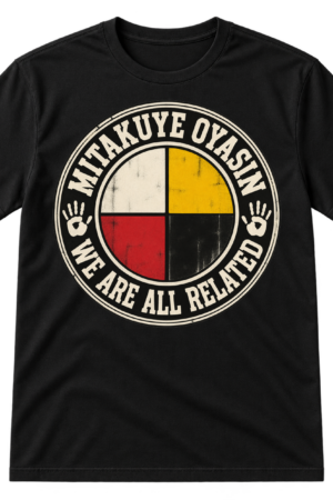 Vintage circular medicine wheel design with the text MITAKUYE OYASIN and WE ARE ALL RELATED.
