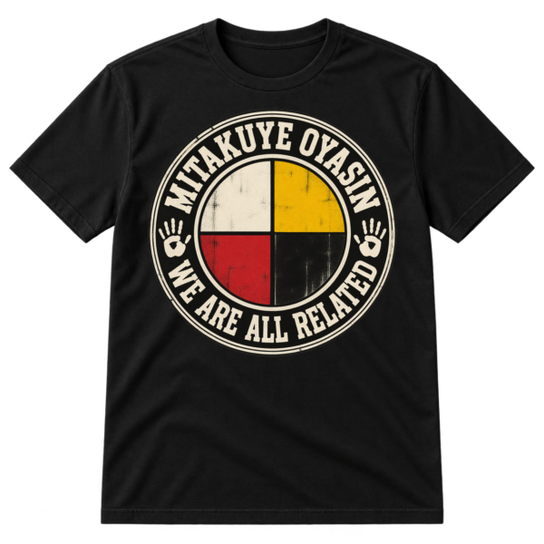 Vintage circular medicine wheel design with the text MITAKUYE OYASIN and WE ARE ALL RELATED.