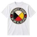 Distressed circular medicine-wheel graphic with red, yellow, white, and black sectors, two handprints, and the words MITAKUYE OYASIN and WE ARE ALL RELATED.