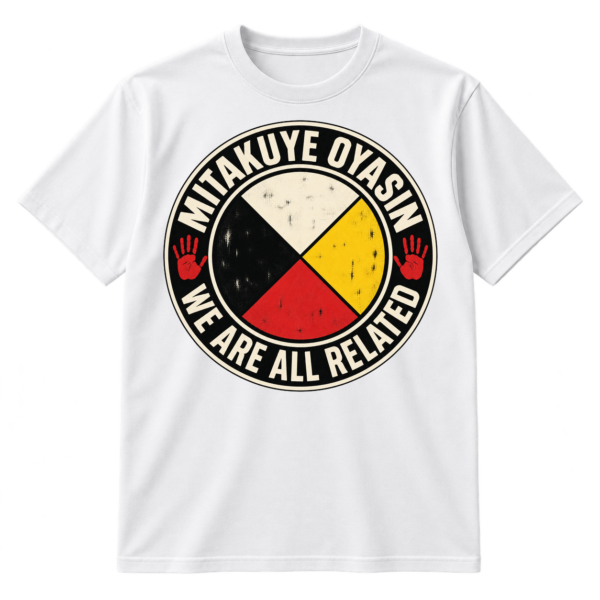 Distressed circular medicine-wheel graphic with red, yellow, white, and black sectors, two handprints, and the words MITAKUYE OYASIN and WE ARE ALL RELATED.