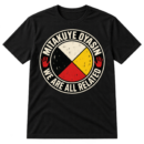 Distressed circular medicine-wheel graphic with red, yellow, white, and black sectors, two handprints, and the words MITAKUYE OYASIN and WE ARE ALL RELATED.