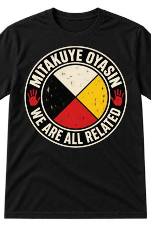 Distressed circular medicine-wheel graphic with red, yellow, white, and black sectors, two handprints, and the words MITAKUYE OYASIN and WE ARE ALL RELATED.