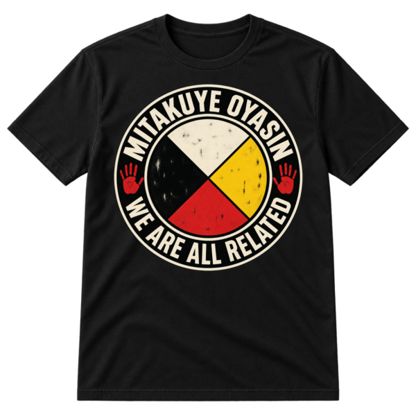 Distressed circular medicine-wheel graphic with red, yellow, white, and black sectors, two handprints, and the words MITAKUYE OYASIN and WE ARE ALL RELATED.