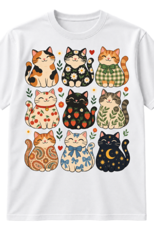 Nine smiling patterned cartoon cats arranged in a three-by-three grid with flowers, hearts, stars, and playful squiggles.