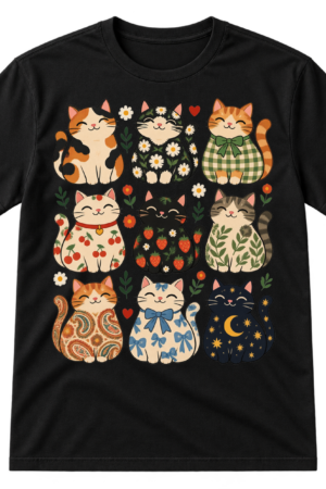 Nine smiling patterned cartoon cats arranged in a three-by-three grid with flowers, hearts, stars, and playful squiggles.