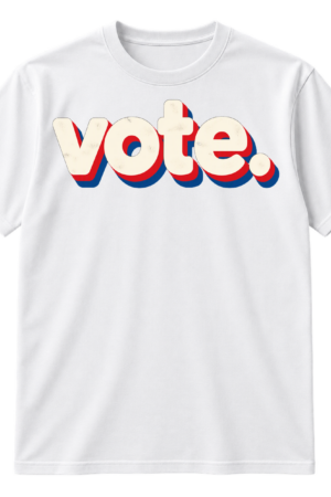 Minimalist shirt print with the word “vote.” in large lowercase lettering.