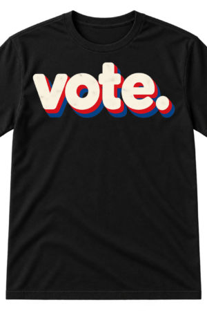 Minimalist shirt print with the word “vote.” in large lowercase lettering.