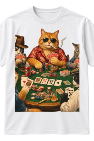 Vintage-style illustration of five cats playing poker around a table with cards, chips, a drink can, and cigarettes.