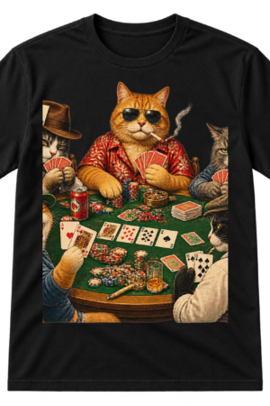 Vintage-style illustration of five cats playing poker around a table with cards, chips, a drink can, and cigarettes.