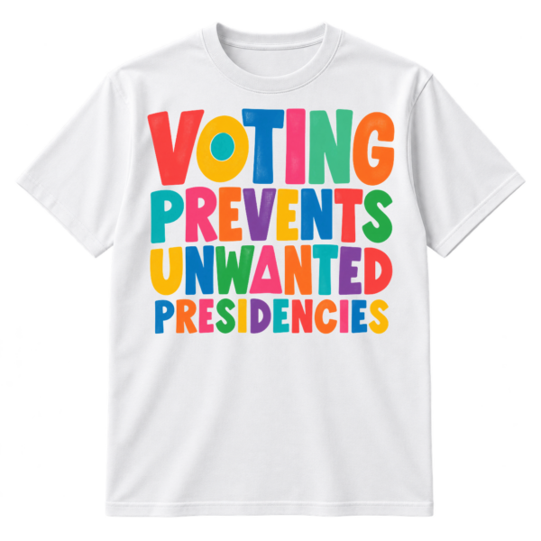 Multicolored uppercase lettering reading "VOTING PREVENTS UNWANTED PRESIDENCIES" in four stacked lines with playful geometric letter details.