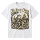 Vintage-style We Read at Dawn graphic with a crowned frog knight reading a book beside a sword, castle, moon, and leafy woodland frame.