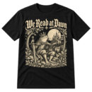 Vintage-style We Read at Dawn graphic with a crowned frog knight reading a book beside a sword, castle, moon, and leafy woodland frame.