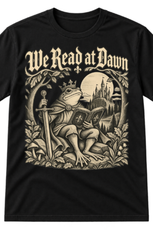Vintage-style We Read at Dawn graphic with a crowned frog knight reading a book beside a sword, castle, moon, and leafy woodland frame.