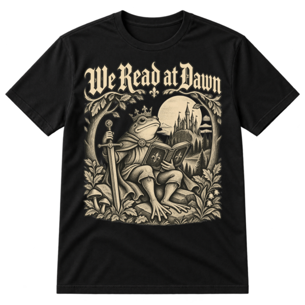 Vintage-style We Read at Dawn graphic with a crowned frog knight reading a book beside a sword, castle, moon, and leafy woodland frame.