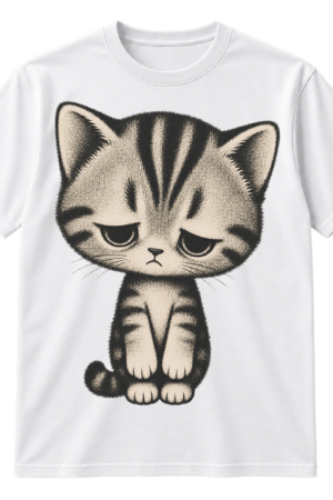 Vintage distressed illustration of a large sad striped kitten with downcast eyes and dangling paws.