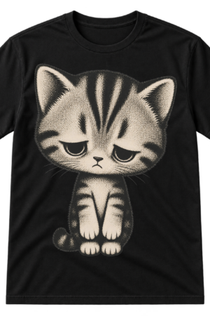 Vintage distressed illustration of a large sad striped kitten with downcast eyes and dangling paws.