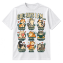 Cute Christian cat t-shirt graphic reading “God says I am...” above nine cats with Bible-based affirmations and verse references.