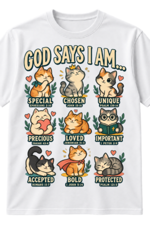 Cute Christian cat t-shirt graphic reading “God says I am...” above nine cats with Bible-based affirmations and verse references.