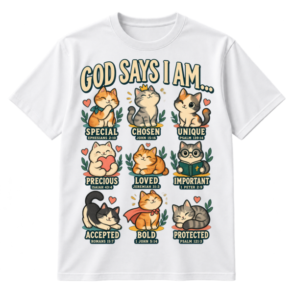 Cute Christian cat t-shirt graphic reading “God says I am...” above nine cats with Bible-based affirmations and verse references.
