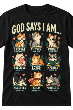 Cute Christian cat t-shirt graphic reading “God says I am...” above nine cats with Bible-based affirmations and verse references.
