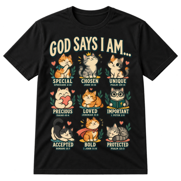 Cute Christian cat t-shirt graphic reading “God says I am...” above nine cats with Bible-based affirmations and verse references.