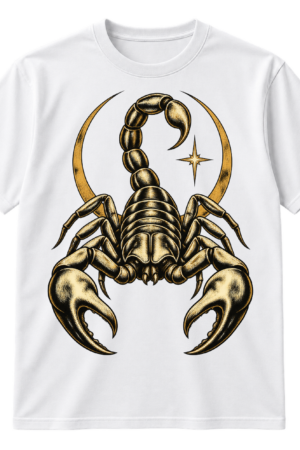 Vintage black scorpion illustration with a small radiant star beside its raised tail.