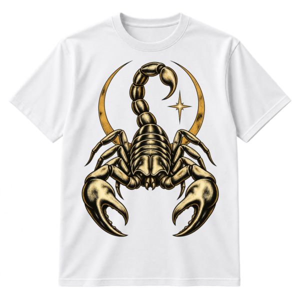 Vintage black scorpion illustration with a small radiant star beside its raised tail.