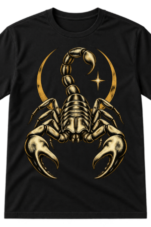 Vintage black scorpion illustration with a small radiant star beside its raised tail.
