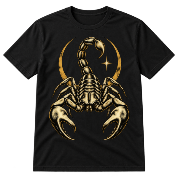 Vintage black scorpion illustration with a small radiant star beside its raised tail.