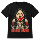 Distressed portrait of a woman with braids and feather adornments, a red handprint over her mouth, and the text THEIR SILENCE IS OUR VOICE.