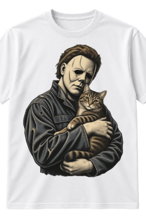 Distressed vintage illustration of a masked horror figure holding a tabby cat.